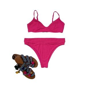 Billabong Barbie Pink Textured Barlette Bikini 2 Piece Swim Set Sz L Wom…